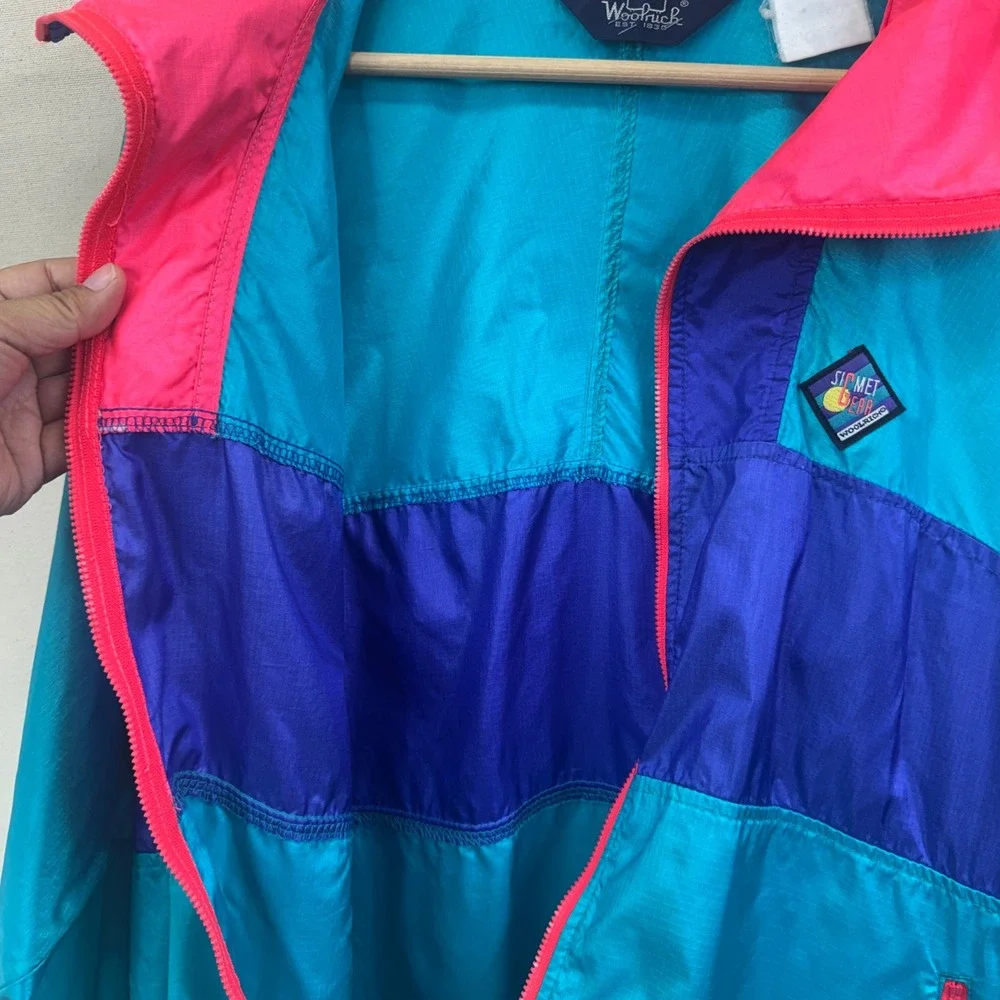 Woolrich Vintage Windbreaker Jacket Mens XL Teal Pink Colorblock 90s Retro Neon